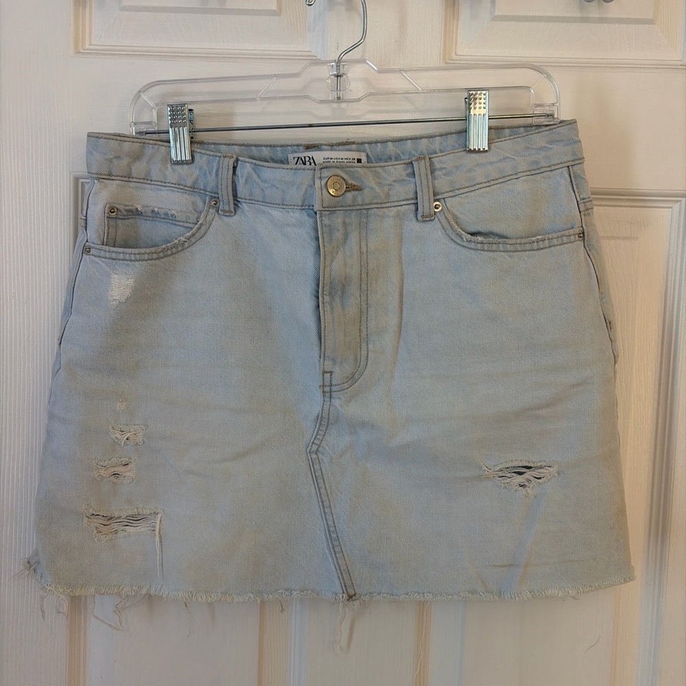 Zara Pale Blue Distressed Denim Mini Skirt